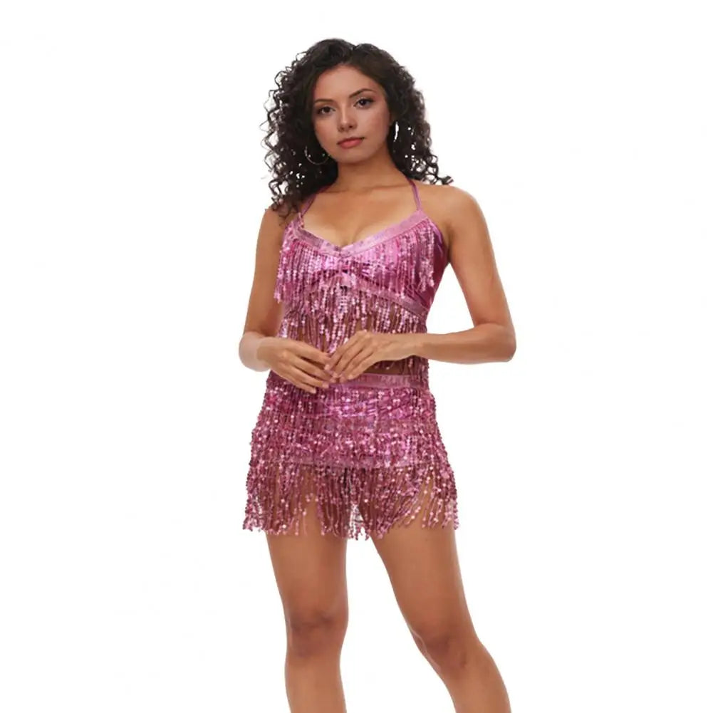 Belly Dancer Outfit Sequin Tassel Bra Top with Fringe Hip Scarf Set Sparkling Rave Party Costume for Women Girls