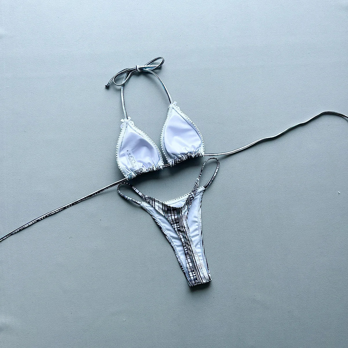 New 2026 Women's Micro Bikini Set Plaid Print Neck Lace-up Backless Biquini Beachwear Sexy Push Up Thong Low WaistBathing Suit