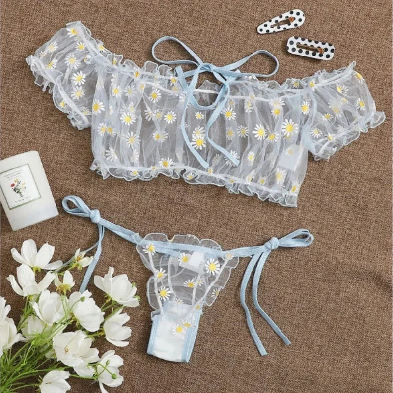 Porn Suit Women Sexy Lingerie Underwear Lace Floral Embroidery Off-Shoulder Transparent Tops Bra+Thong Set Exotic Outfits