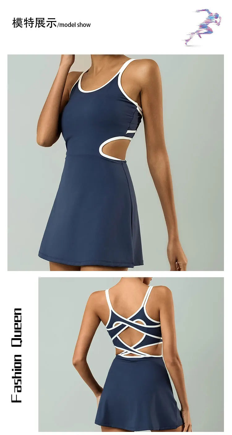 Tennis Dress Women Sleeveless Push Up Padded Sport Dresses Training Running Fitness Hollow Out Backless Slim Badminton Suit