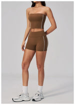 Summer Tight Yoga Suit Women Color Contrast Strapless Slim Sports Tank Top Shorts Fitness Suit Gym Running Workout Tracksuit