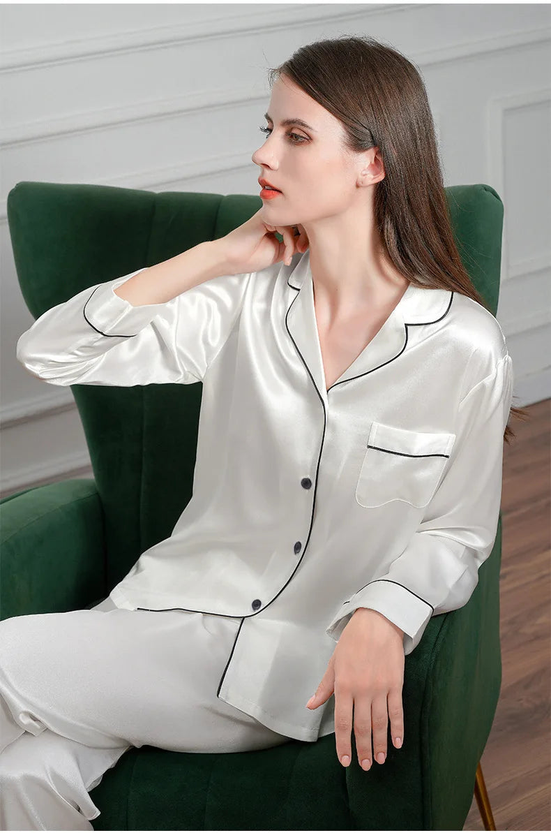 Women Autumn Winter Silk Pajamas Set Casual Soft Breathable and Relaxed Fit Long Shirt Tops and Long Pants Sleepwear