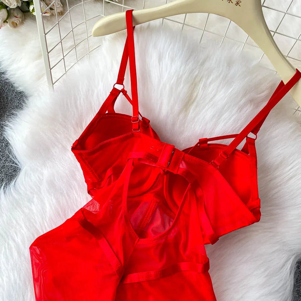 MOYISU Sexy Instagram Viral Bodysuit Women Pure & Sexy Sheer Mesh Halter Push Up Pads Summer Lingerie Euro Style Hot Sale SG