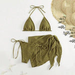 Army Green Solid Swimwears 3 Piece Halter Triangle Bikini Set Cover Ups Micro Thong Sexy Swimsuit Women Beachwear String Bikinis