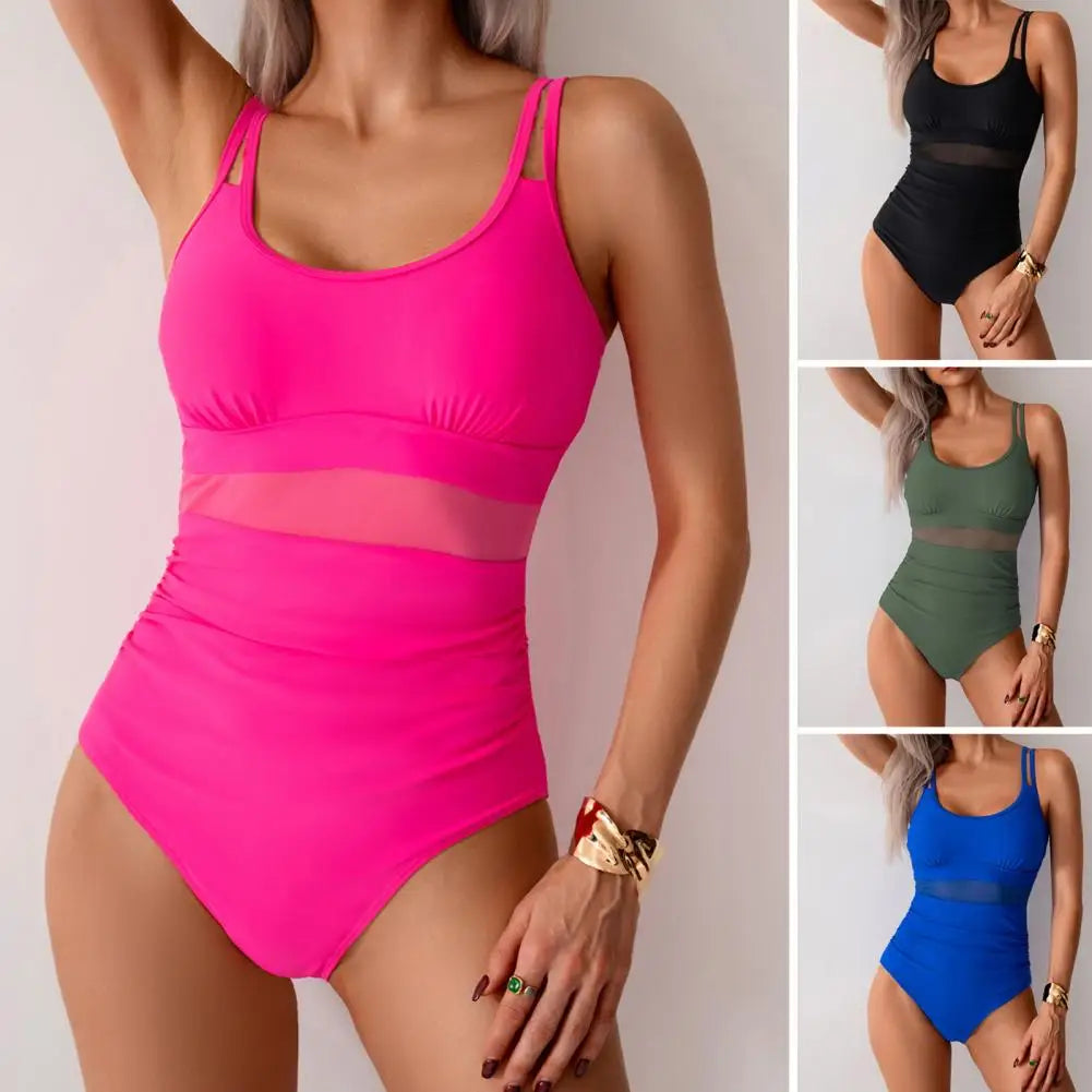 Women One-piece Swimsuit U-neck Sleeveless Backless Sexy Monokini Mesh Splicing Slim Fit Tummy Control Removable Pads Swimwear