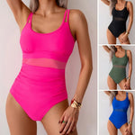 Women One-piece Swimsuit U-neck Sleeveless Backless Sexy Monokini Mesh Splicing Slim Fit Tummy Control Removable Pads Swimwear