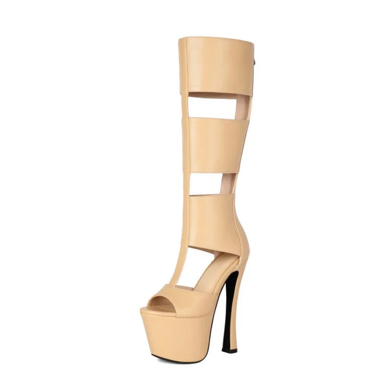 Summer Women Platform Tall Gladiator Sandals Knee High Cut Out Thin Heeled Rome Sexy Nightcllub Pole Dance Shoes 43