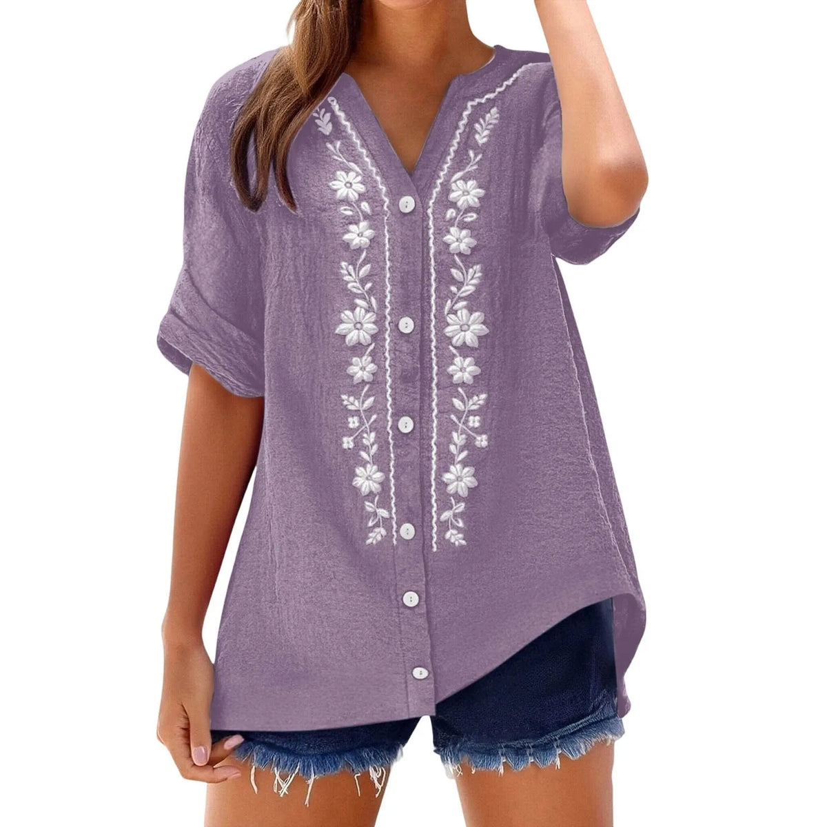 Womens V Neck Embroidered Linen Tunic Shirt Roll Up Sleeve Button Down Loose Fit Casual Boho Blouse Vintage Summer Beach Shirts