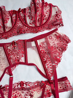 Women's New Floral Embroidered See-Through Mesh Lingerie 4-Piece Set - Sexy Underwear for Special Nights
