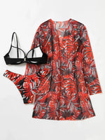 2025 Three Pieces Bikini Set Cover Up Swimwear Women Swimsuit Print Long Sleeve Push Up Bathing Suit Beachwear Swimming Biquini