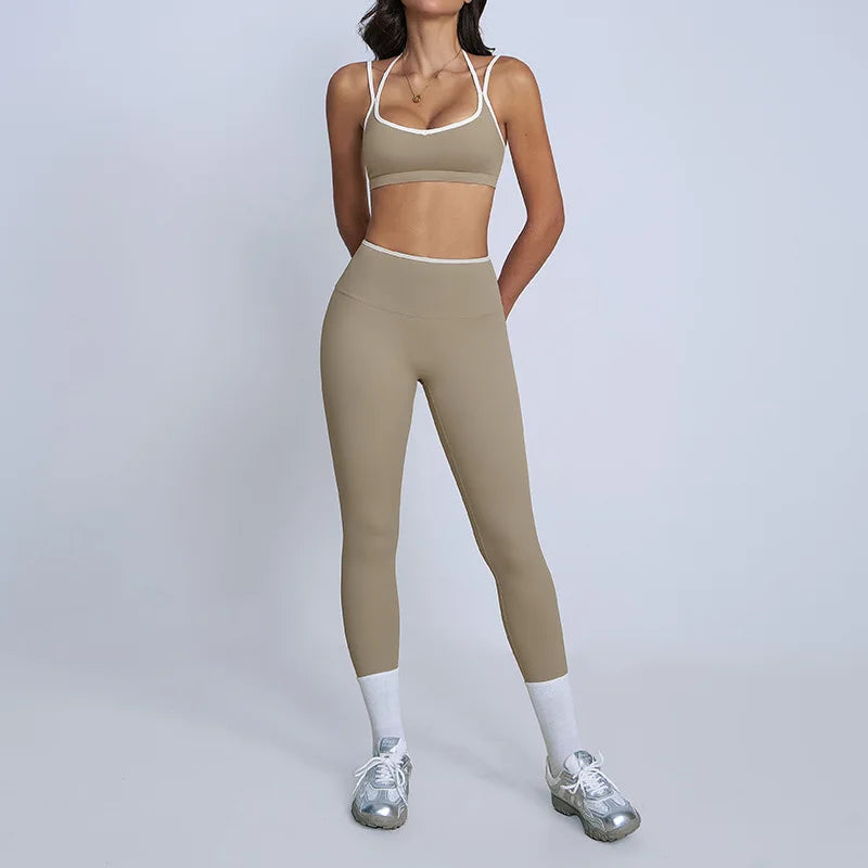 Tight Naked Yoga Shorts Suit Women Double Strap Sports Bra High Waist Flare Leggings Fitness Suit Gym Running Workout Clothes
