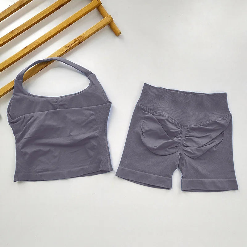 Yoga 2 Pieces Gym Set Women Backless Halter Tops High Waist Seamless Shorts Gym Suit Fitness Sports Bras Sportswear Workout Sets