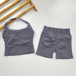 Yoga 2 Pieces Gym Set Women Backless Halter Tops High Waist Seamless Shorts Gym Suit Fitness Sports Bras Sportswear Workout Sets