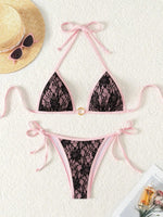 Embroidery Mesh Lace Halter High Cut Bikini Female Swimsuit Women Swimwear Two-pieces Bikini Set Bather Bathing Suit Swim Beach