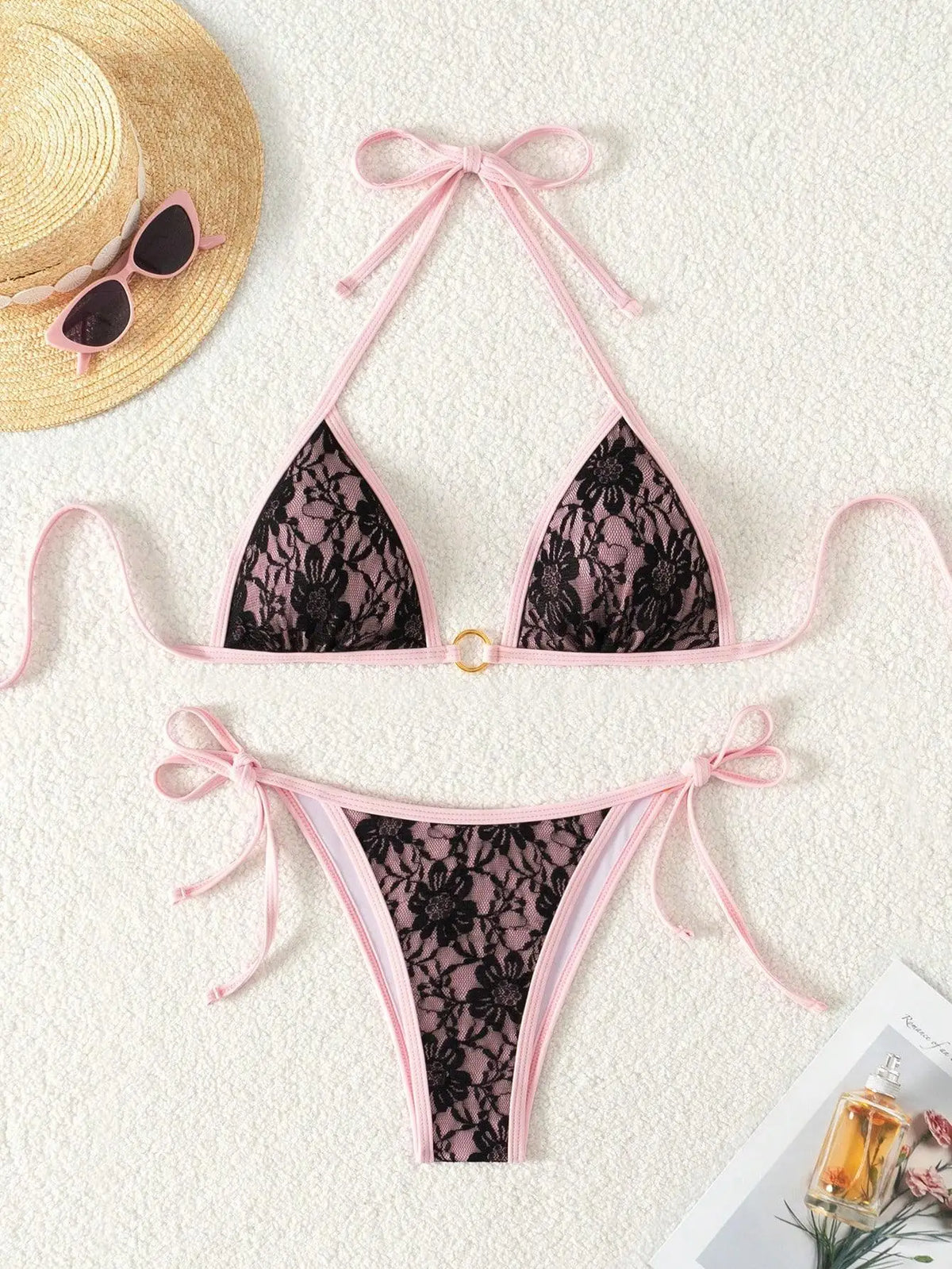 Embroidery Mesh Lace Halter Bikini Female Swimsuit Women Swimwear Two-pieces Bikini Set High Cut Bathing Suit Swim Beach Wear