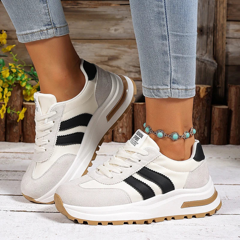 Fashion Stripe Thick Bottom Sneakers Women 2026 Autumn Platform Lace Up Sport Shoes Woman Anti Slip Thick Sole Running Shoes
