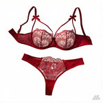 Red Floral Lace Lingerie Set Sheer Mesh Underwire Bra With Bow & Thong Women Sexy Underwear ZA824057