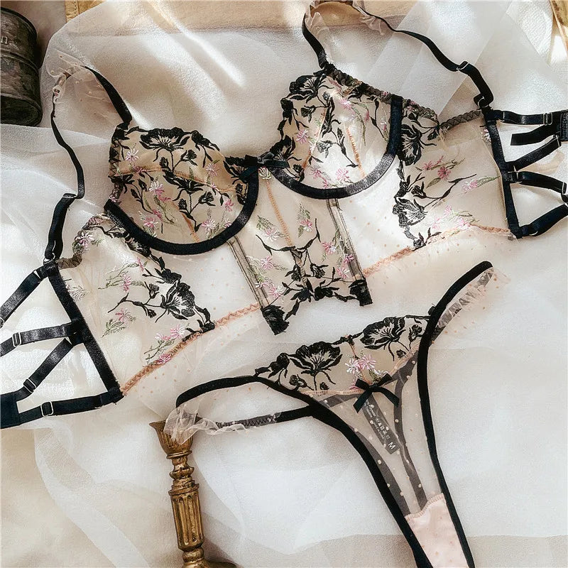 Sexy Lace Flowers Embroidery Lingerie Set Summer Ultra Thin Breathable Bra and Thong Sets Women Wide Version Romantic Underwear