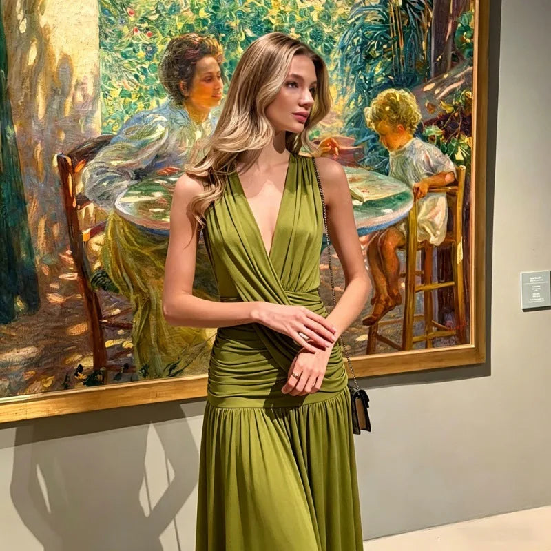 FDYOUI Womens Chic V-neck Sleeveless Pleated Long Maxi Holiday Dress Ladies Summer High Waist Tunics Solid Evening Party Dresses