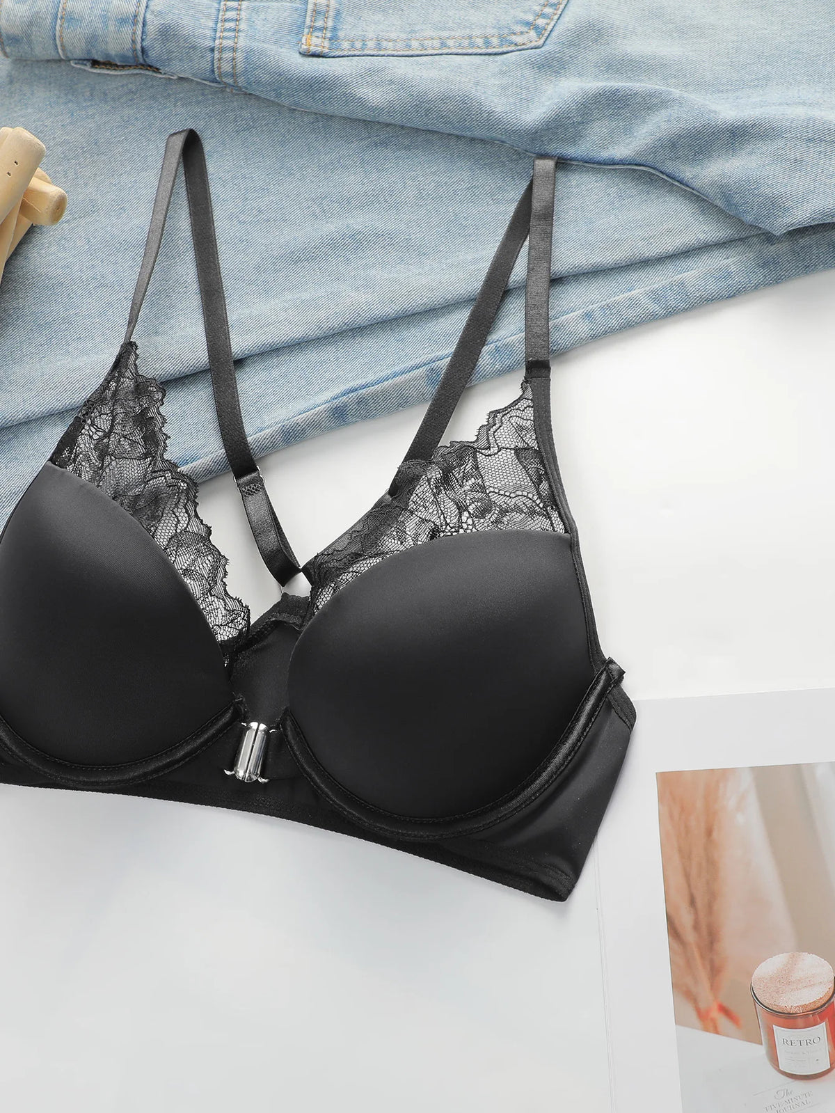 Ladies' Black Front Dutton Beautiful Back With Steel RingLlace Sexy Bra Underwear Thong Underwear Set