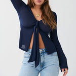 Women's Spring Summer Slimming Crop Tops Long Sleeve V Neck Tie Up Solid Color Trendy T-shirt
