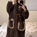 Cute Coral Velvet Hooded Pajamas Long Robes Women Winter Warm Soft Plush Thickened Night Gown Students Homewear Bath Robe 2025