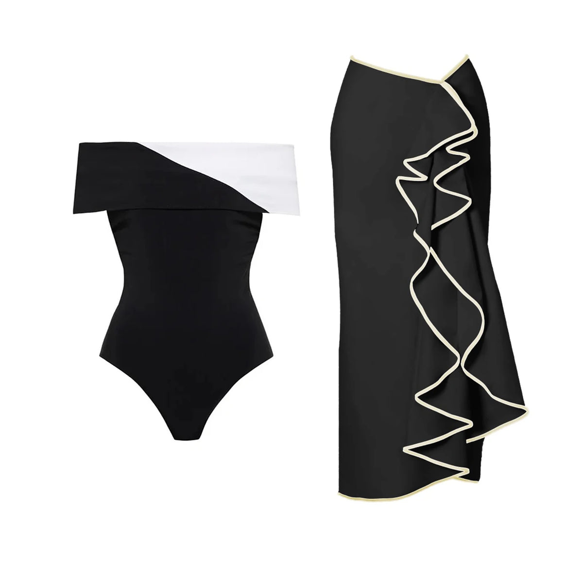 New 2Pcs Black Hollow Swimsuit Women Sexy Swimwear With Midi Skirt Push Up Bikini Female Biquini Bathingsuit Bodysuit Beachwear