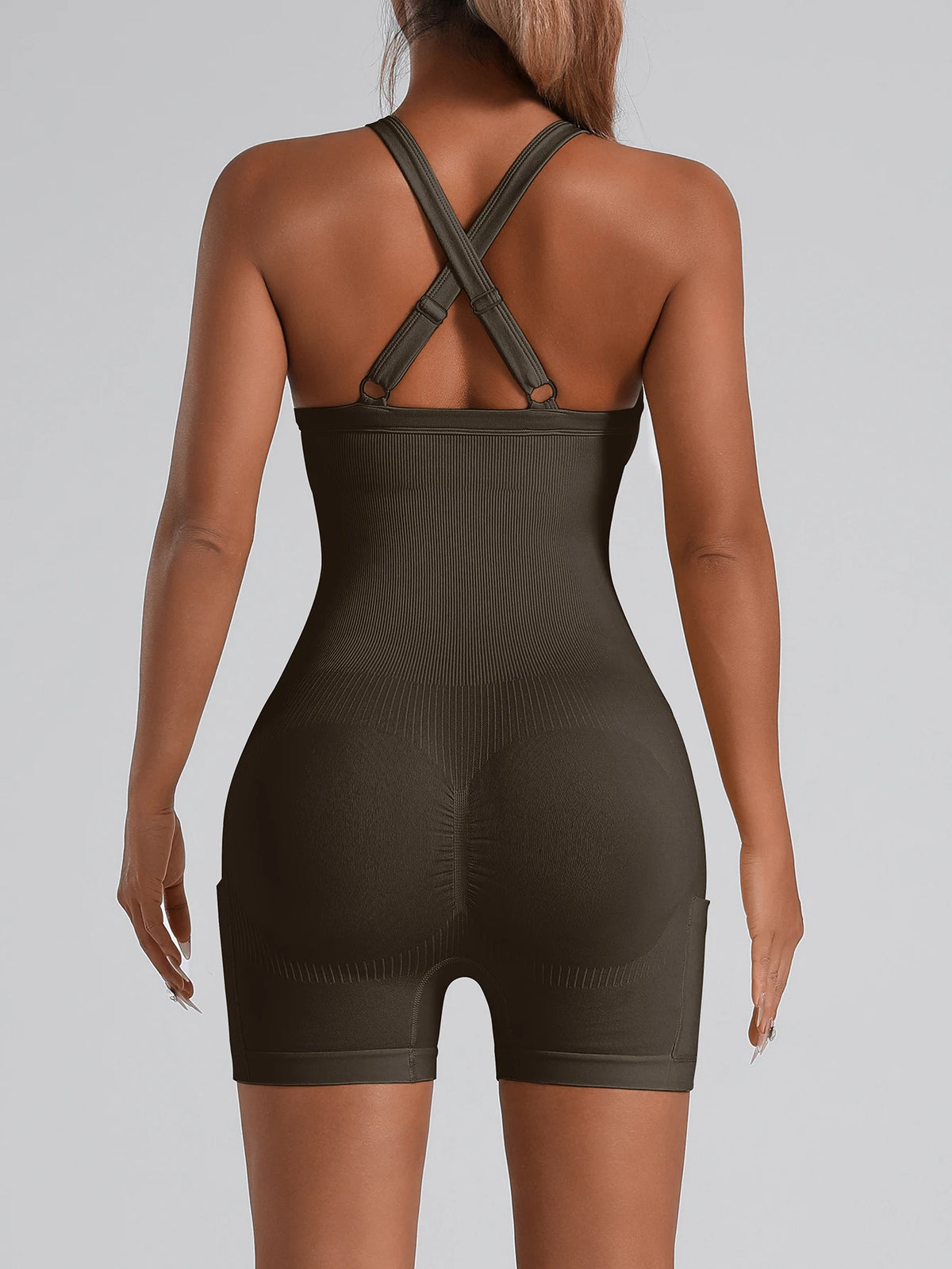 Adjustable Crisscross Back Fitness One Piece Jumpsuit Side Phone Pocket Tummy Control Athletic Yoga Bodysuit