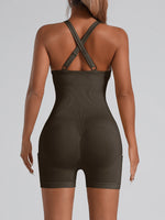 Adjustable Crisscross Back Fitness One Piece Jumpsuit Side Phone Pocket Tummy Control Athletic Yoga Bodysuit