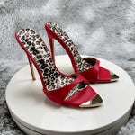 Red matte Leopard Base Slippers Pointed Toe Thin High Heels Women's Shoes Summer Casual Sexy Slip On Party One Word Belt Slipper