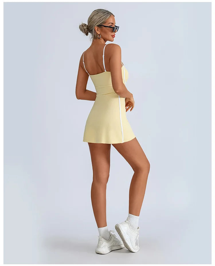 Women's Tennis Dress Summer Sleeveless Pink Contrast Workout Yoga Dresses Build in Shorts Fashion Tight Fitting Skirts Suit