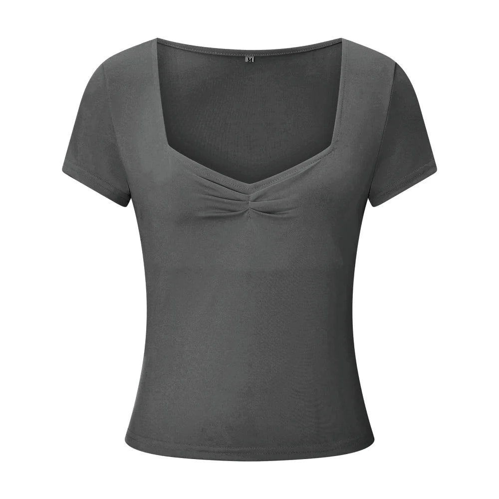 New Women T-shirt Summer Solid Color Short Sleeve Square Neck Slim Fit Crop Tops Casual Elegant Basic Tee Shirts