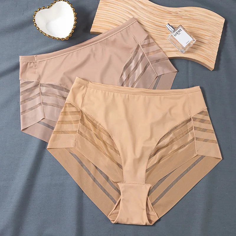 1PC Women Mid-Rise Striped Mesh Shaping Briefs Anti-Chafing Shapers Tummy Control Panties Under Skirt Plus Size Underwear M-3XL