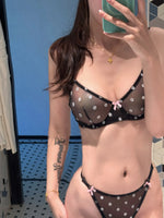 French Style Polka Dot Bra & Thong Set | Retro Sexy Lace Lingerie, Ultra Thin Sheer Netting for Big Bust & Plus Size MOYISU Bras