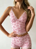 Summer Two-piece Pajamas Set for Women SleepwearFloral Lace Pink Sleeveless Camisoles and Slim Shorts Loungewear