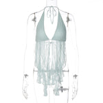 FDYOUI Fashion Sexy Off Shoulder Backless Blue Corset Holiday Beach Tops Women's Summer Halter Hollow Out Camisoles Streetwear