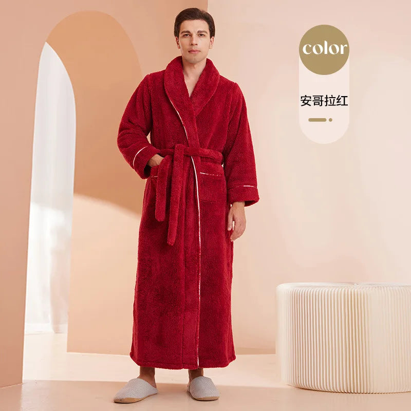 Autumn Winter Flannel Plus Size Robe Pajamas Thick Cozy Fleece Couple Bathrobe, Men Women Long Warm Loungewear,