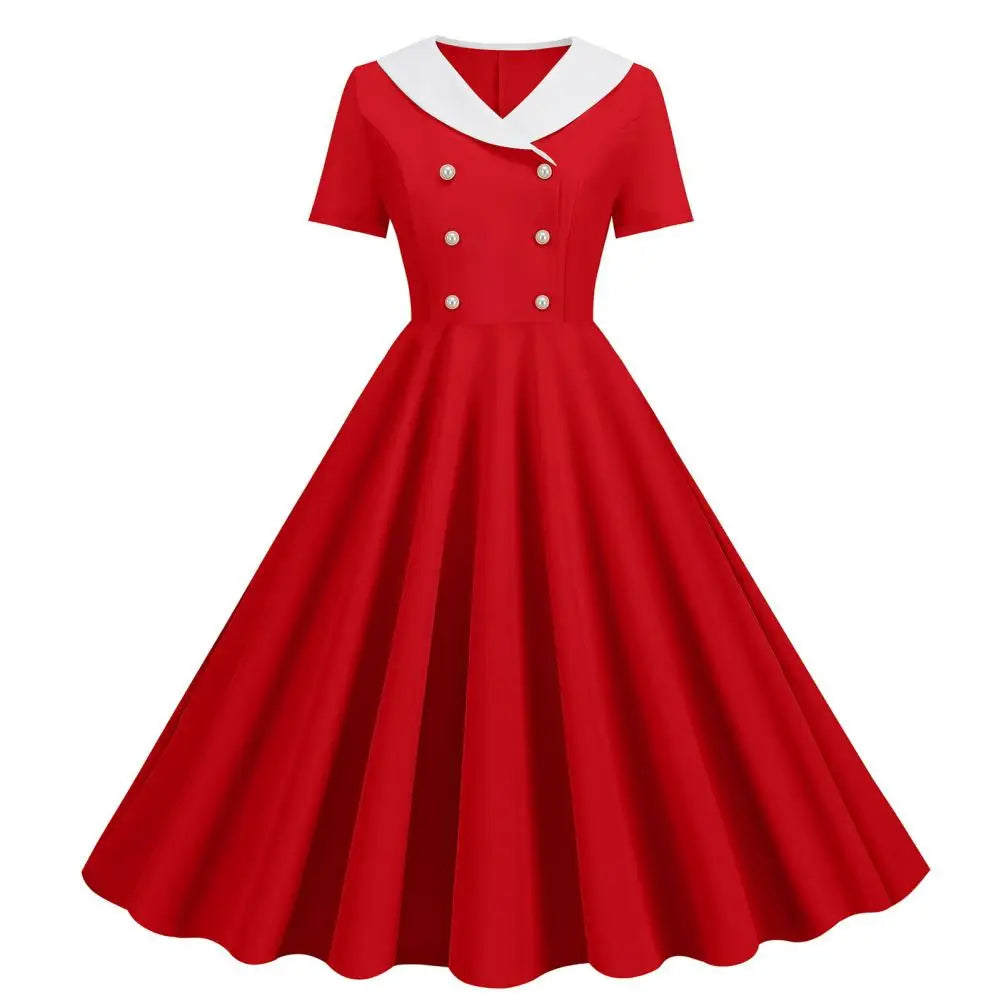 Women Prom Party Dress Vinatge 50s Evening Dress A-line Big Swing Short Sleeve V Neck Fake Double-breasted Lady Midi Dress