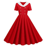 Women Prom Party Dress Vinatge 50s Evening Dress A-line Big Swing Short Sleeve V Neck Fake Double-breasted Lady Midi Dress