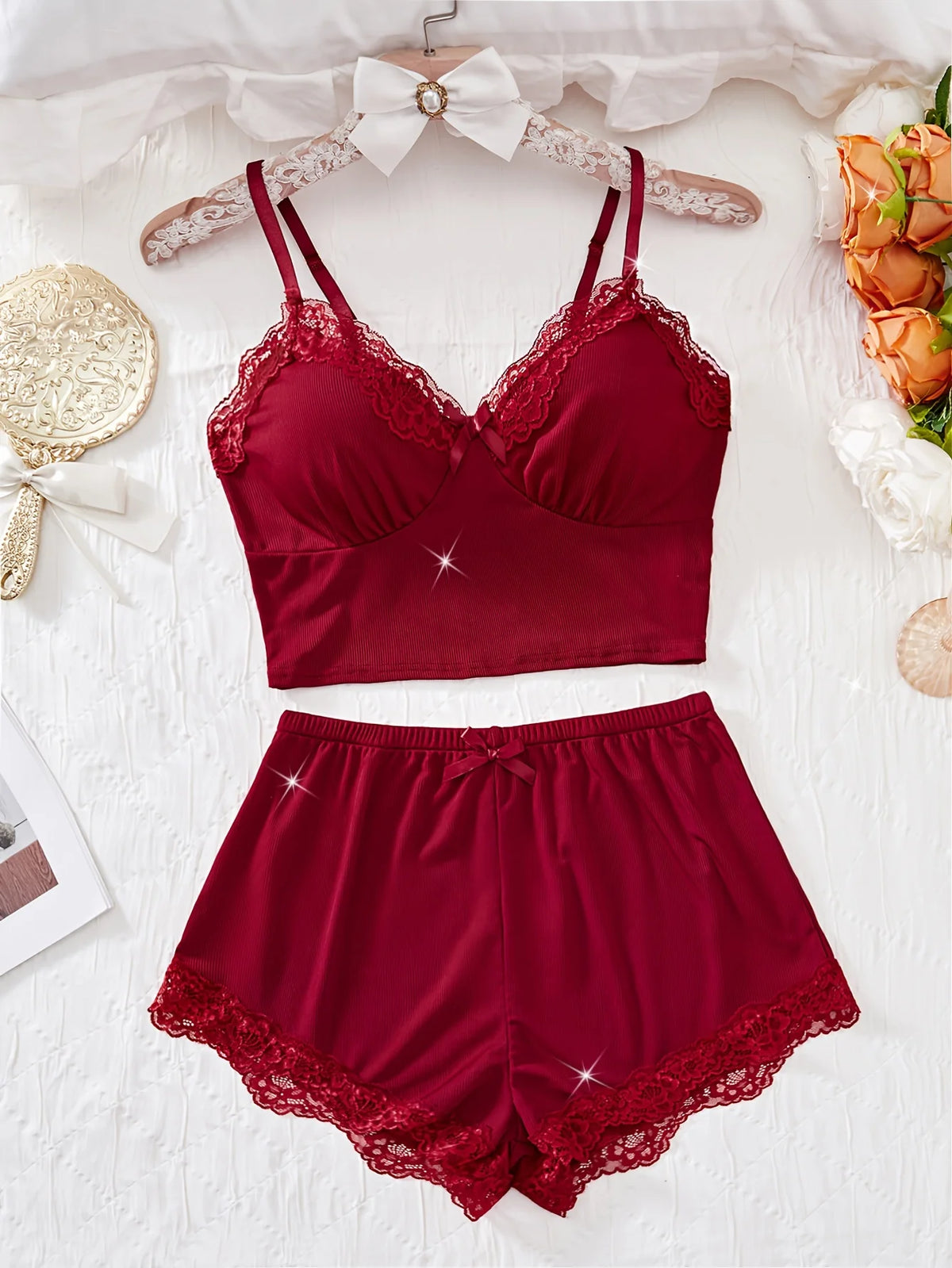 Women Sleepwear 2pcs Floral Contrast Lace Pajama Set V Neck Solid Color Bow Top & Shorts Suit Home Clothes Loungewear