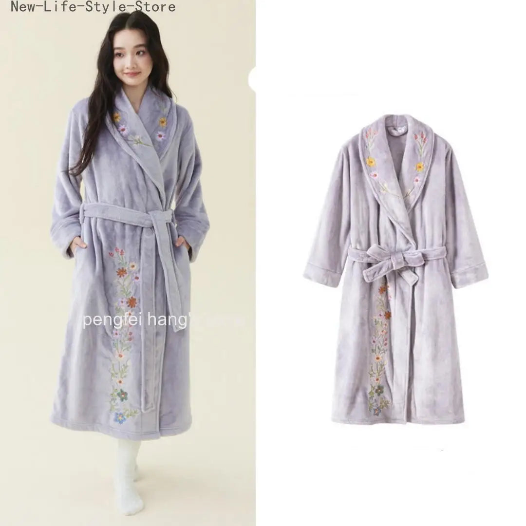 Thick Extra Long Embroidered Coral Fleece Bathrobe Elegant Ladies Winter Bridal Home Sleepwear Dressing Gown