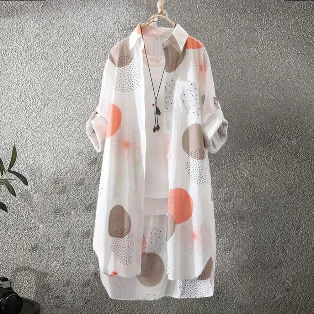 Spring Autumn Women Shirt Long Sleeve Fashion Print Sunscreen Shirts Lapel Long Coat Irregular Hem Anti Sun Women’s blouse