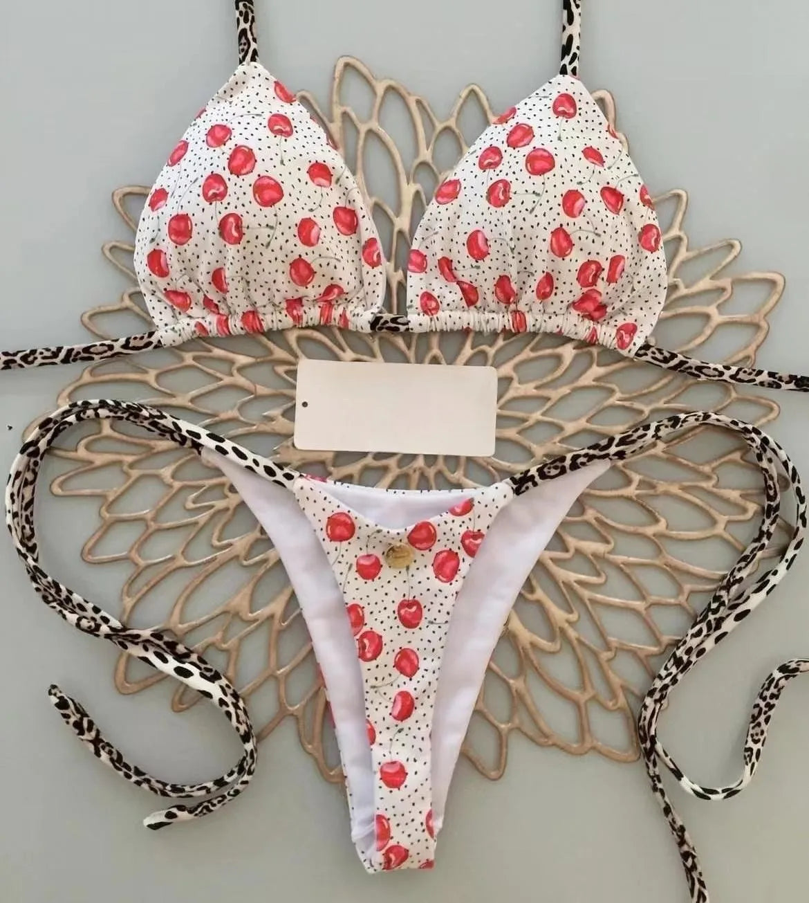 Swimwear Women CuteCherry Print Brazilian Thong Bikini Set Sexy Thong Swimsuit Two Pieces Bathing Suit Women 2023 Beach Wear