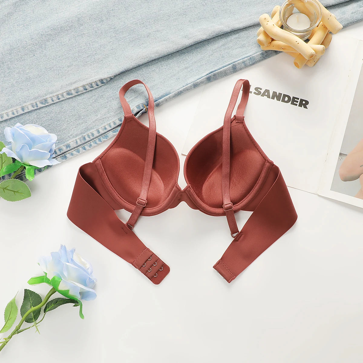 Solid color gathering steel ring anti sagging smooth and simple women's adjustable summer thin bra push up bra Lingerie U017