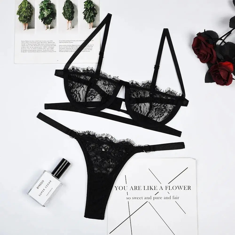 Thin Sexy Lingerie Bra SetErotic Push Up Breves Sets Woman Lace Transparent Underwear Embroidery Thong Kit Delicate Underwear