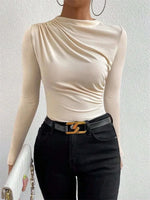 Casual Pleated Mock Neck Long Sleeve T-shirt for Women Autumn Winter Spring Solid Color Ruched Skinny Slim Fit Blouse Top Tshirt