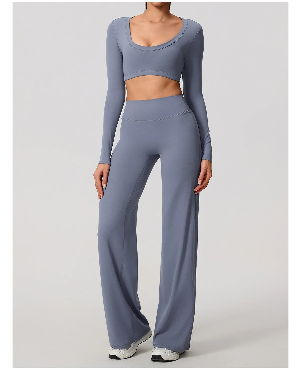 Hearuisavy Sports Set 2Pcs Women'sLong Sleeve Backless Fitted Fitness Top Push Up Pilates Yoga Top Wide Leg Straight Leg Pants