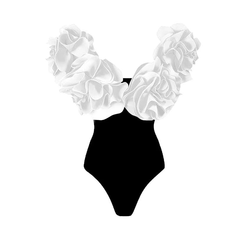 2025 Solid Red Flower One Piece Swimsuit Luxury Women Swimwear Sexy Swim Suit Deep V Monokini Off Shoulder Bodysuit Bathingsuit