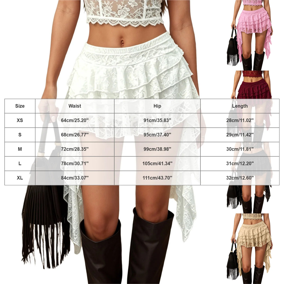Women's Tiered Lace Ruffle Mini Skirts Asymmetric High Low Hem Gothic Skirts Elastic Waist Sexy Layered Flowy Lace Skirts Y2k