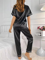 Autumn Winter Sleepwear Women's Satin Pajamas Set,Short Sleeve Top and Long Pants,Comfortable Casual Home Wear and Outdoors